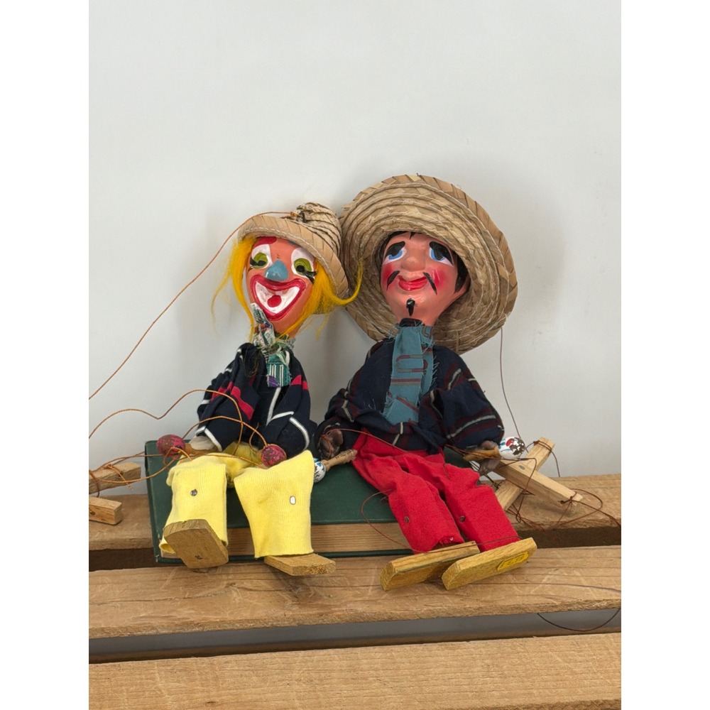 Vintage Mexican Marionette String Puppets Clown Folk Art Maracas Sombrero Set‎ 2